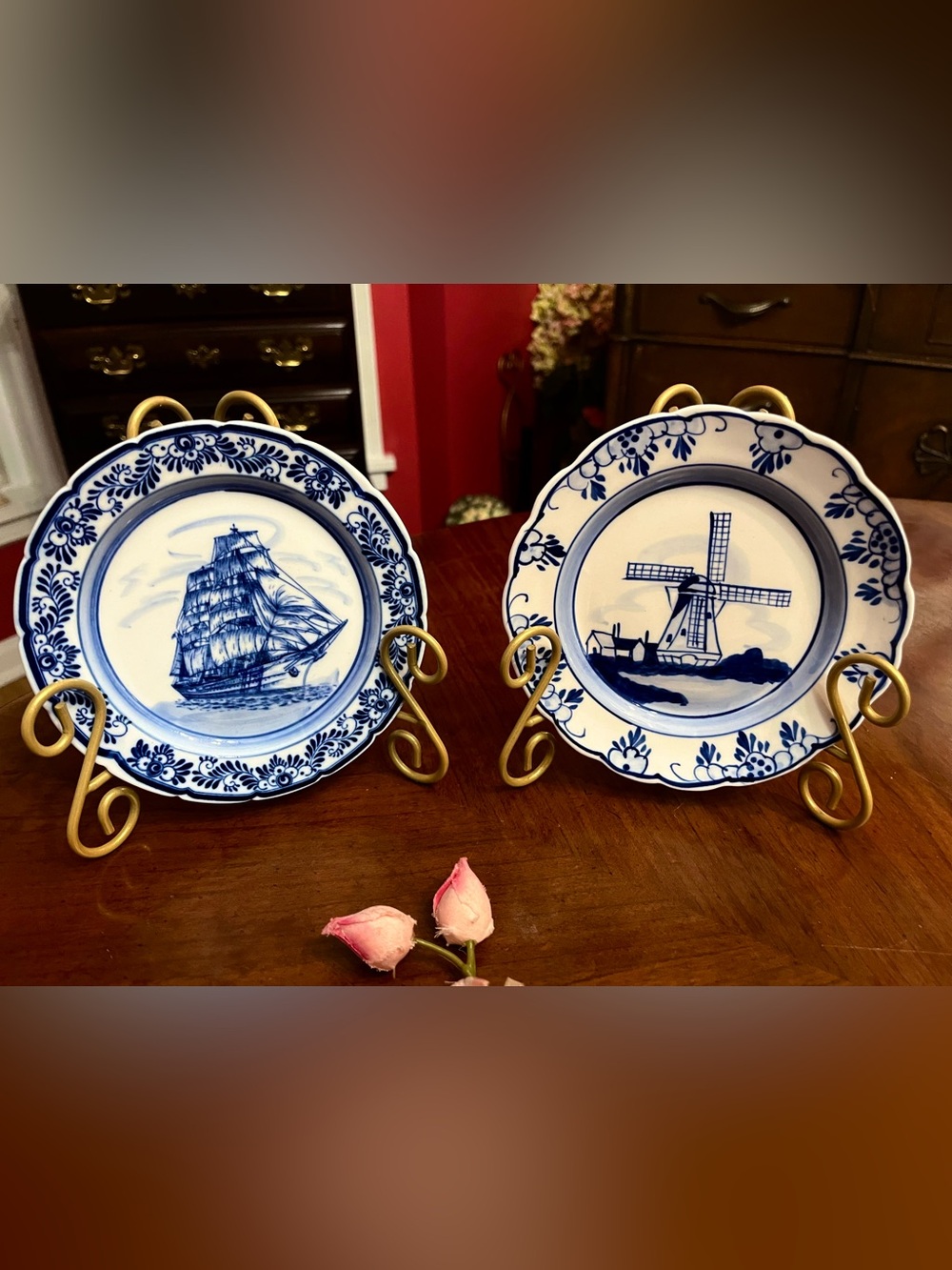 2 VTG Delft Blue Hand Painted Wall Plates Scalloped 5.5" Dutch Windmill & Ship